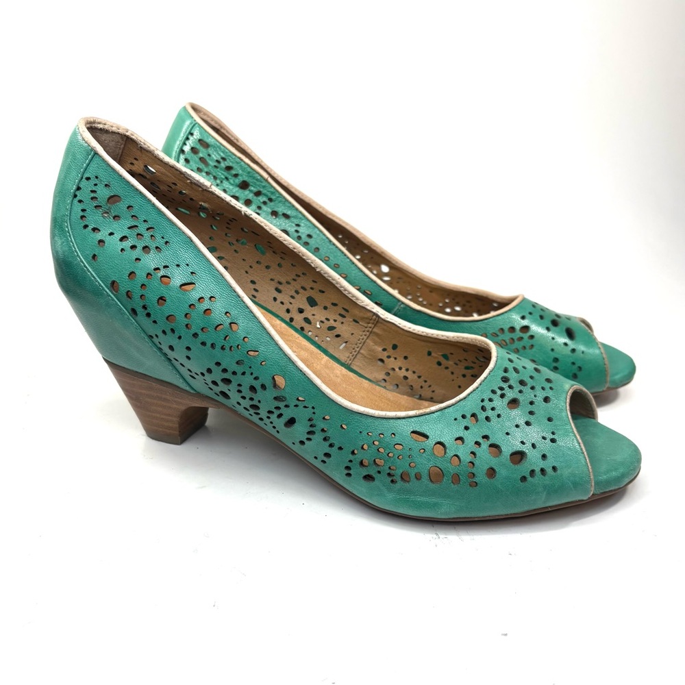 Miz Mooz Teal Laser-Cut Peep-Toe Heels - Picture 8 of 8